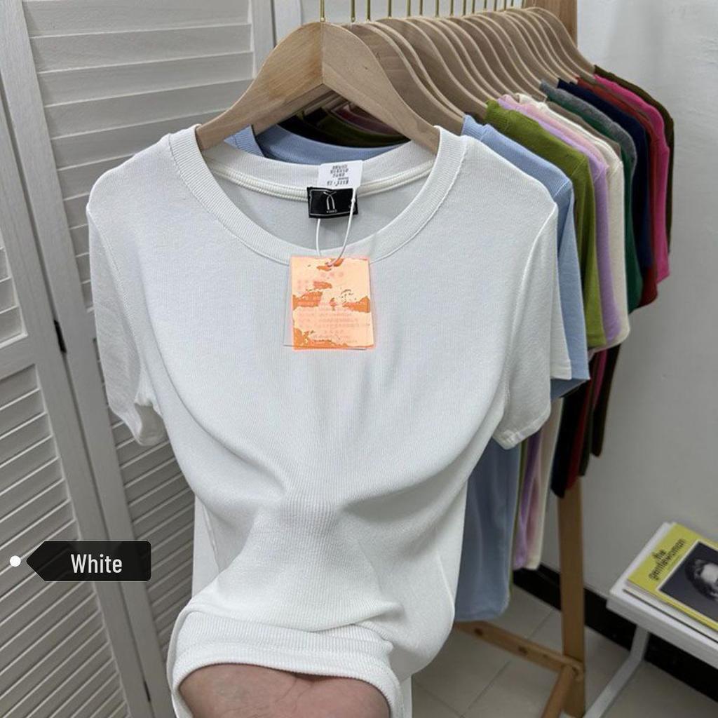 European Plus Size Ribbed Loose Short Sleeve T-shirt, Women's Green Base Layer Blouse