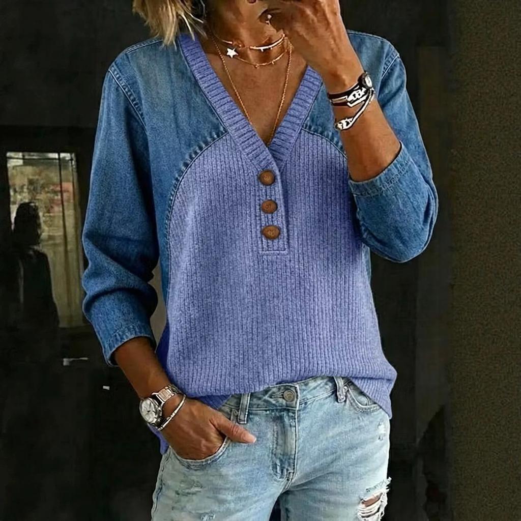 Top Blusa Casual Moda Donna Patchwork Maglia di Jeans Scollo a V Bottoni