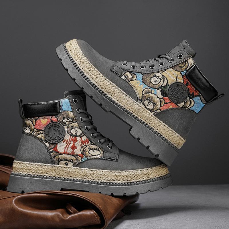 

Autumn and winter niche canvas splicing leather board shoes retro Hong Kong style violent bear Martin boots Douyin live broadcast tooling shoes 39 чёрный