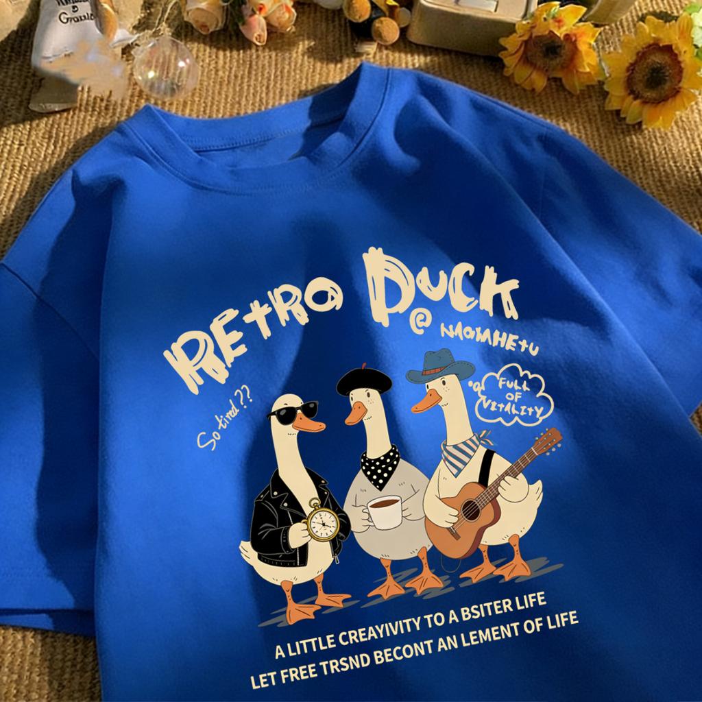 Retro Duck With Free Time Print Short Sleeve Unisex Cotton Fashion O-Neck Top Retro Basics Clothing Unisex Summer Loose Tee
