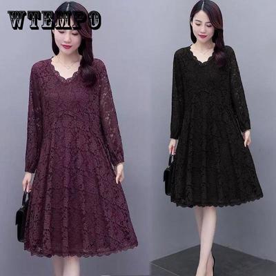 Women Solid Color Lace Long Sleeve V-neck Dress Spring and Autumn Large Size Loose Knee-length Size M-XXXXXL