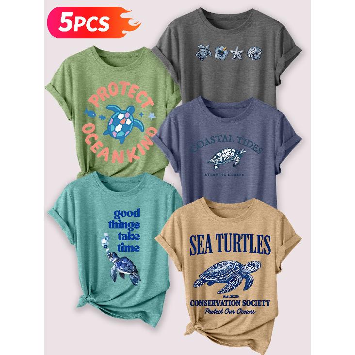 Follow a specific direction Five-piece set of women's short-sleeve tops Ocean Turtle Theme Vintage Print Elegant summer clothing Sleeveless