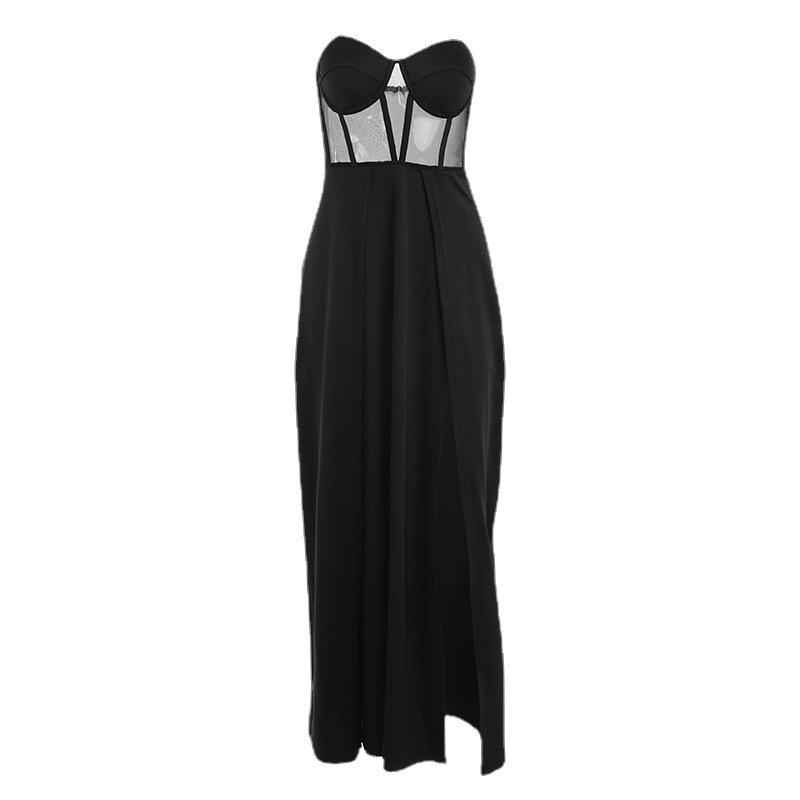 Knitted tube top waist split dress women's, European and American women's clothing summer sexy slim black dress