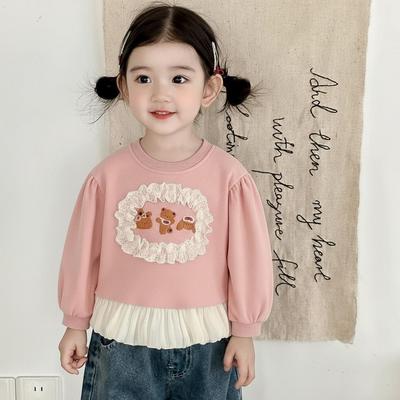 Kid's Korean Style Patchwork Pullover - Bear Design, Trendy Autumn 2025
