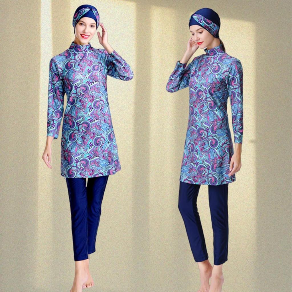 Neuer 2-teiliger muslimischer Damenbadeanzug mit vollständiger Bedeckung, Burkini-Oberteil und Hosen-Set, modischer bedruckter Badeanzug für Damen, vollständiger muslimischer Damenbadeanzug, bescheiden