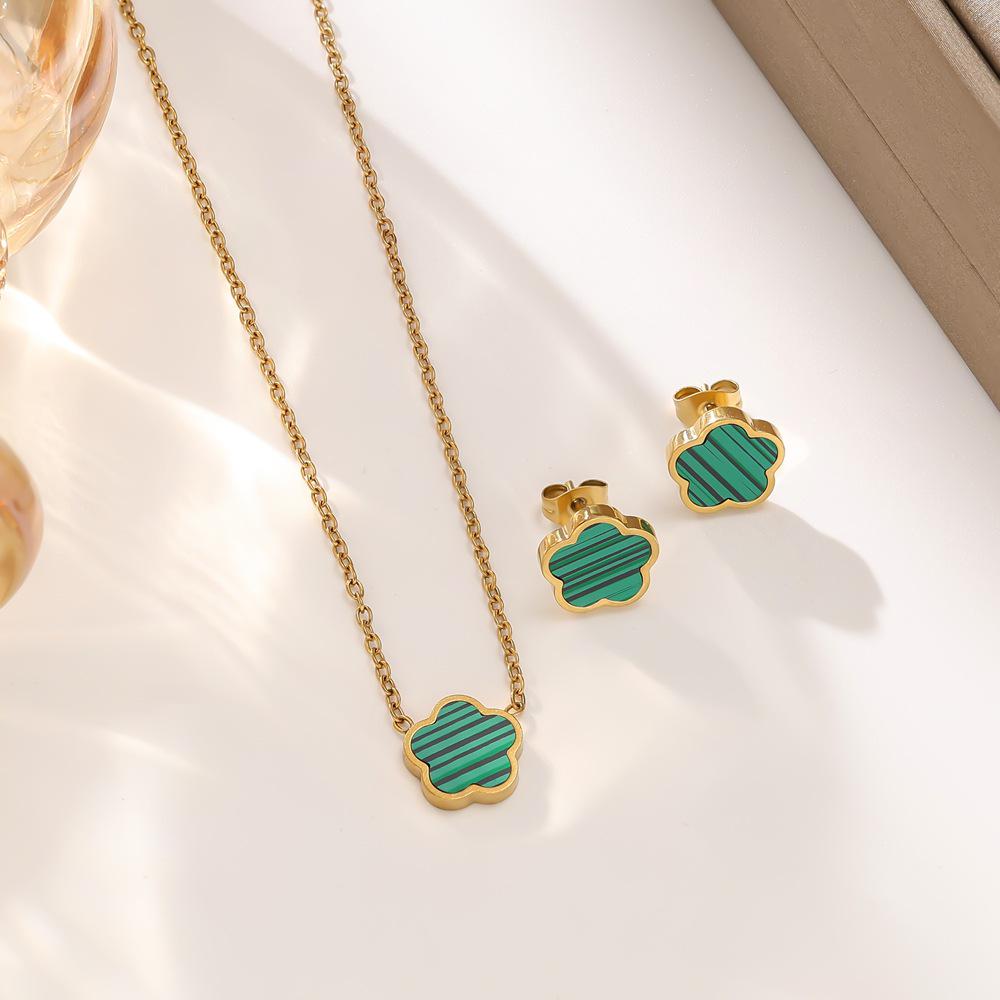 Titanium Steel Four-Leaf Clover  Plum Blossom Earrings and Necklace Set Women s Jewelry 2-Piece