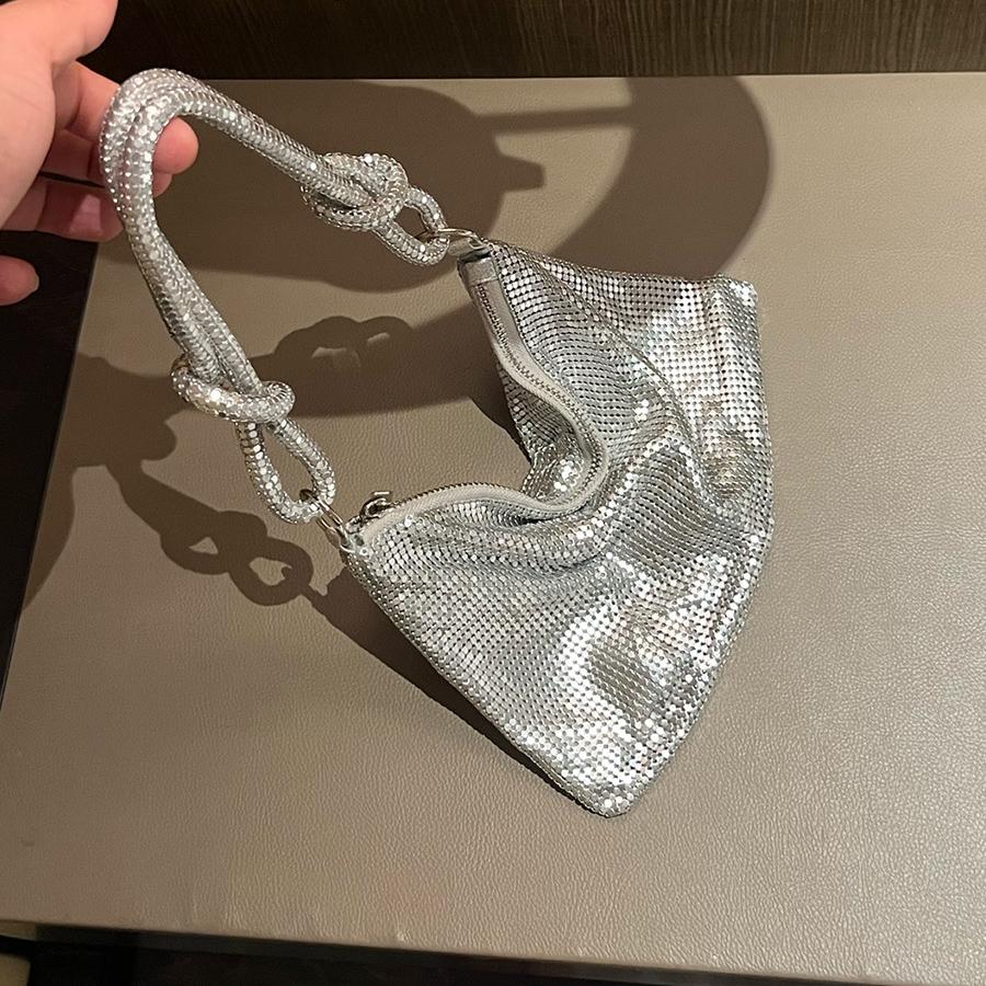 Aluminium Bankett Unterarm-Clutch Tasche Glänzender Geknoteter Griff Strasssteine Abendparty Luxus Hobo Handtasche Gold/Silber Schultertaschen