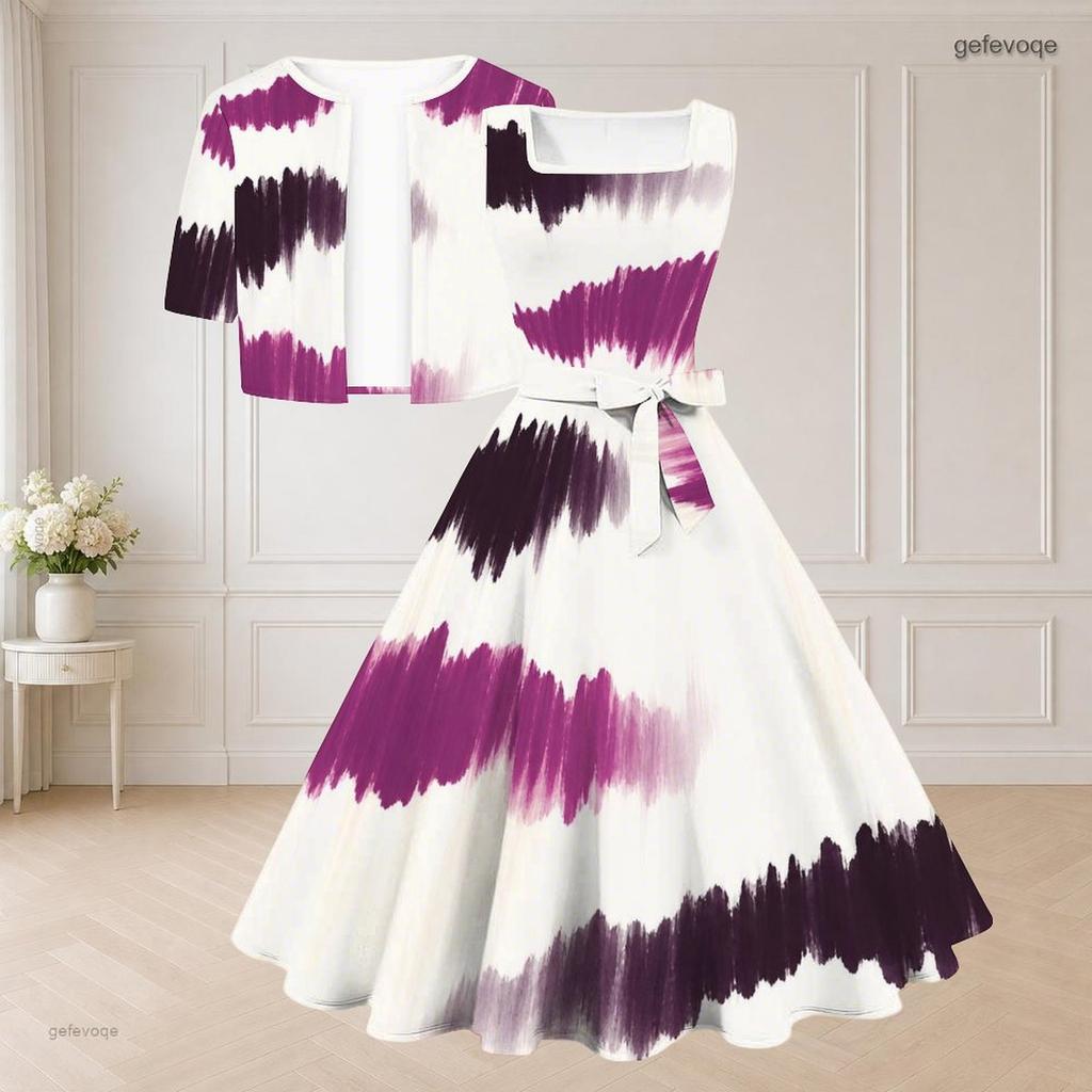 Women Plus Size Printed Two Piece Set Square Neck Sleeveless Tie Waist Flared Dress Short Sleeve Cropped Shrug
