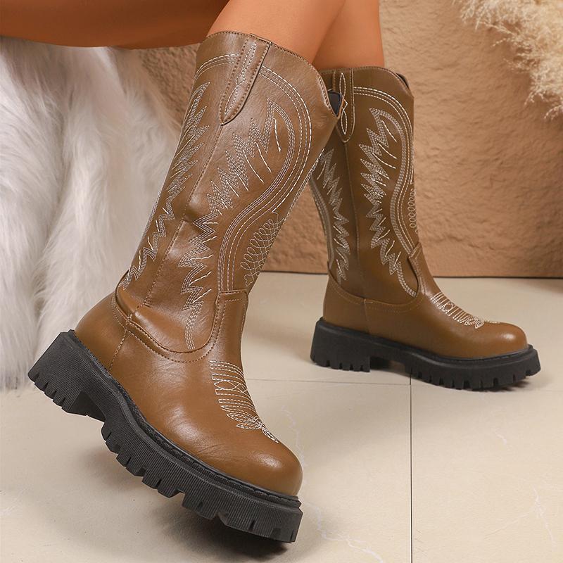 Fashion Brown Embroidery Platform Mid Calf Boots for Women Vintage Slip On Thick Sole Western Boots Woman Autumn Winter Pu Leather Botas