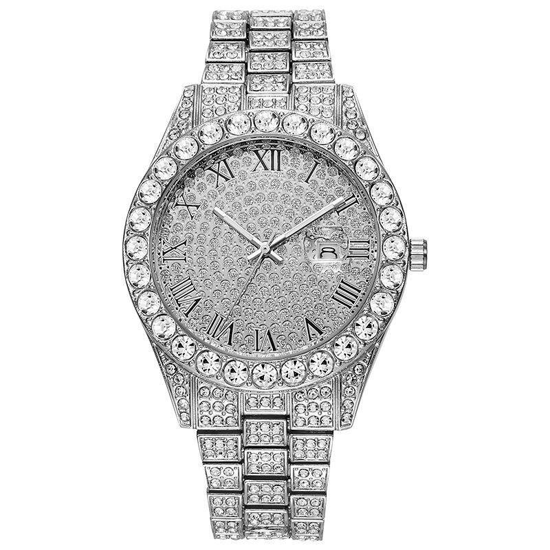European and American popular men's steel belt hip-hop Roman scale diamond calendar men's quartz watch