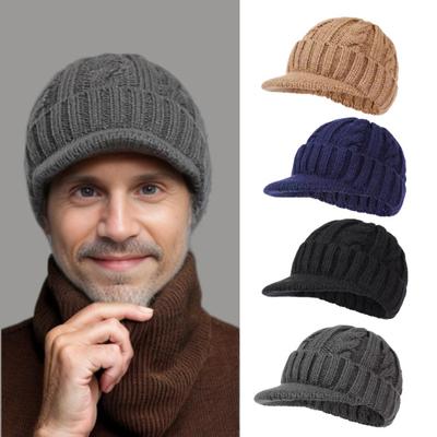Mid-aged Men Winter Knitted Hat Stretchy Short Brim Thickened Twisted Texture Solid Color Ear Protection Warm Daily Wear Cap Outdoor Headwear