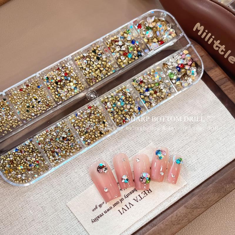 12 Grids Mixed Color Nail  3D Pointed Bottom Back Nail Diamond Gems Ab   Nail Art Charms Diy