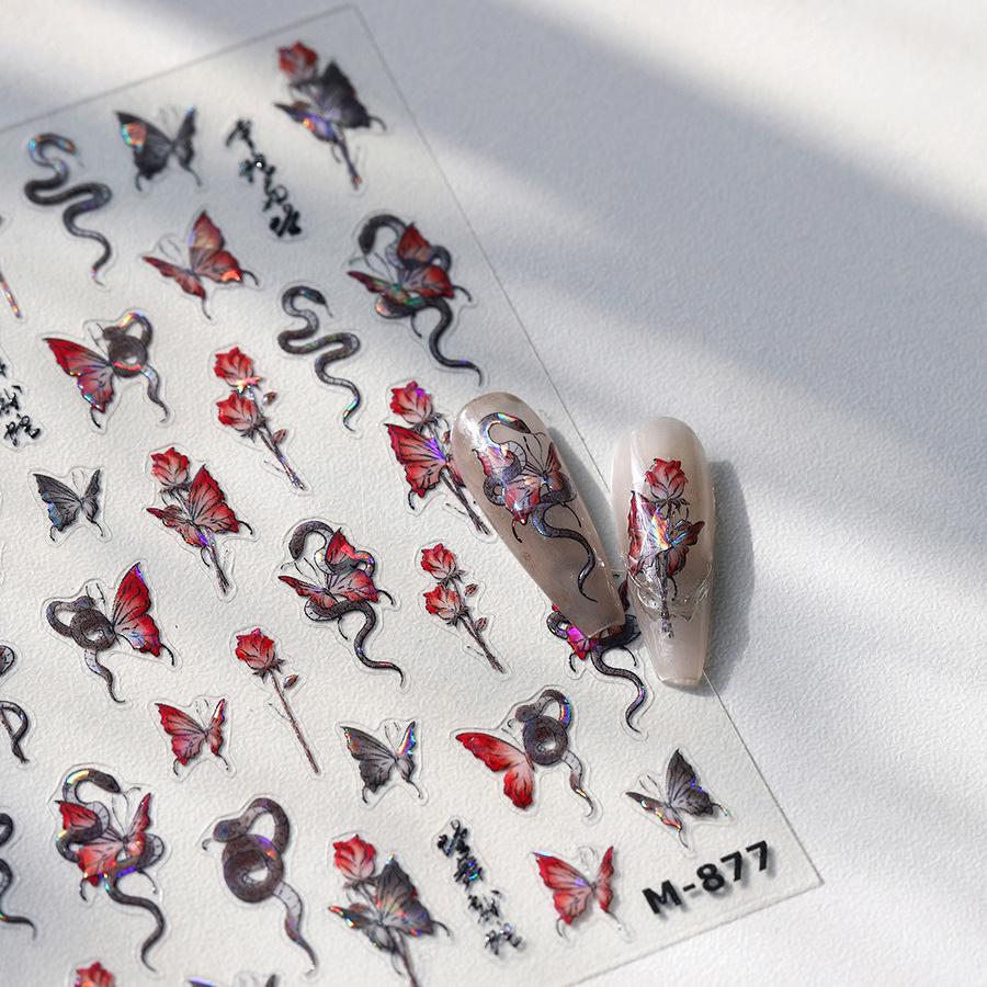 TENSOR M-877 Dunkel Schmetterling Rose Selbstklebende Nagelsticker - Heißfolienprägung Serie