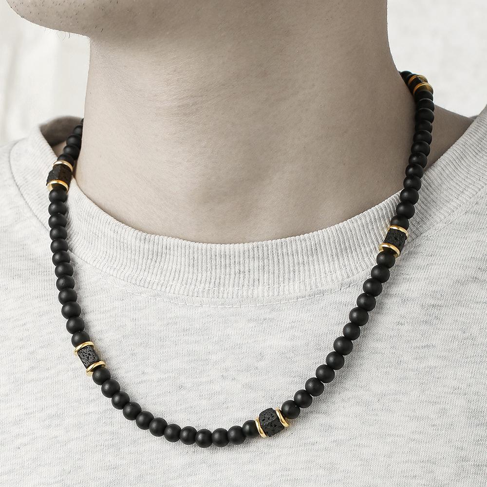 Men's Trendy Lava Stone Beaded Necklace - European & American Hip Hop Style