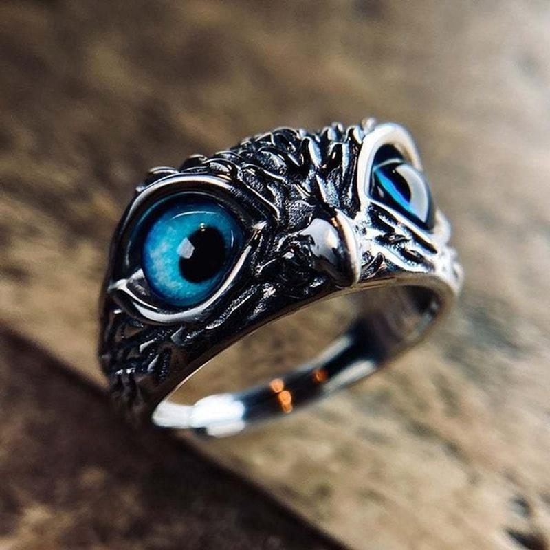 Creative Blue Eye Owl Ring Retro Unique Cute Personality Animal Ring Opening Adjustable Punk Rock Vintage Fashion Hip Hop   Ring