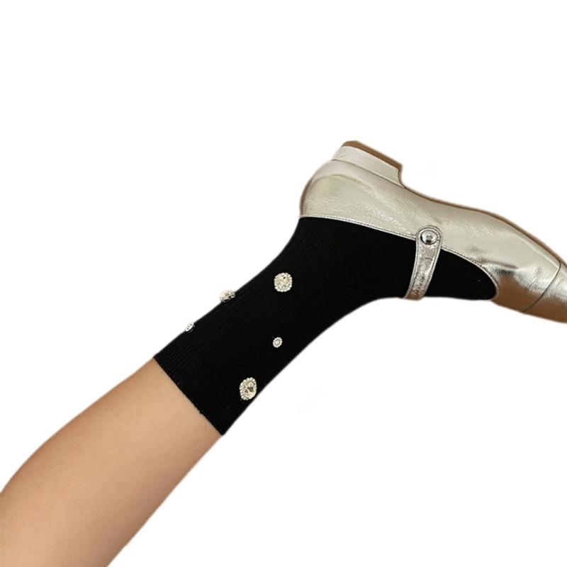 Womens Ribbed Crew Socks, Thin Comfort Breathable Rhinestone Socks, Above Ankle Crew Socks for Womens Schoold Girl