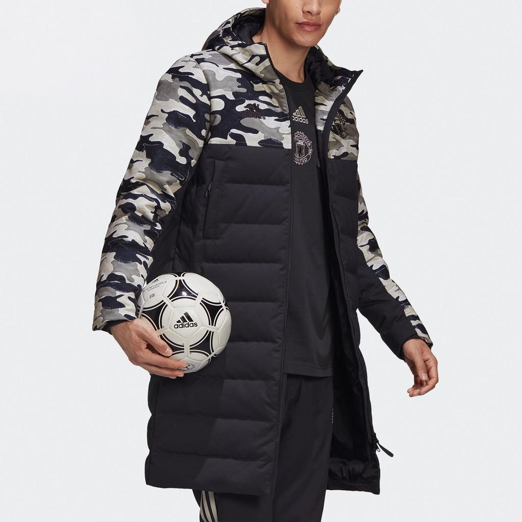 adidas Manchester United Embroidered Mid-Length Windproof and Warm Hooded Down Jacket Men Jacket Black FR3867