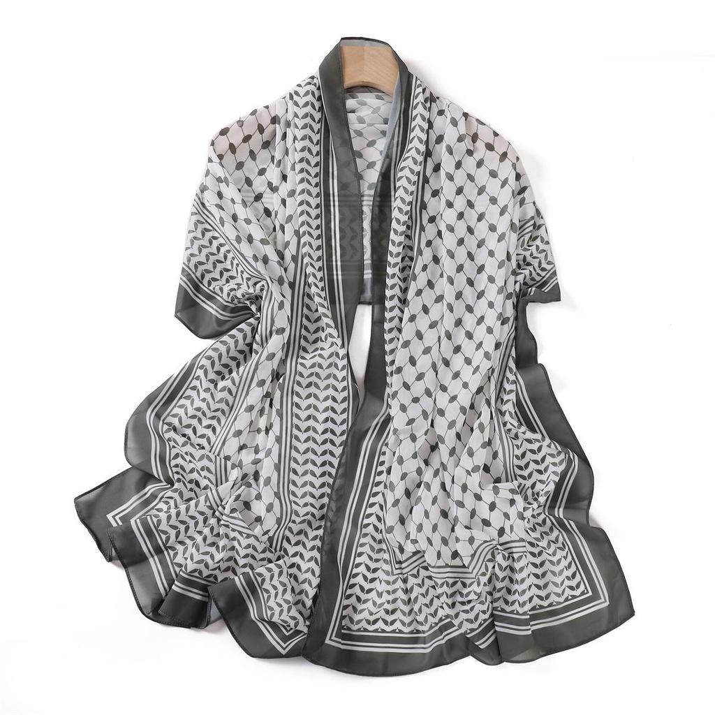 Arabic Pearl Chiffon Desert Hijab: Long Printed Silk Scarf & Sunscreen Headscarf