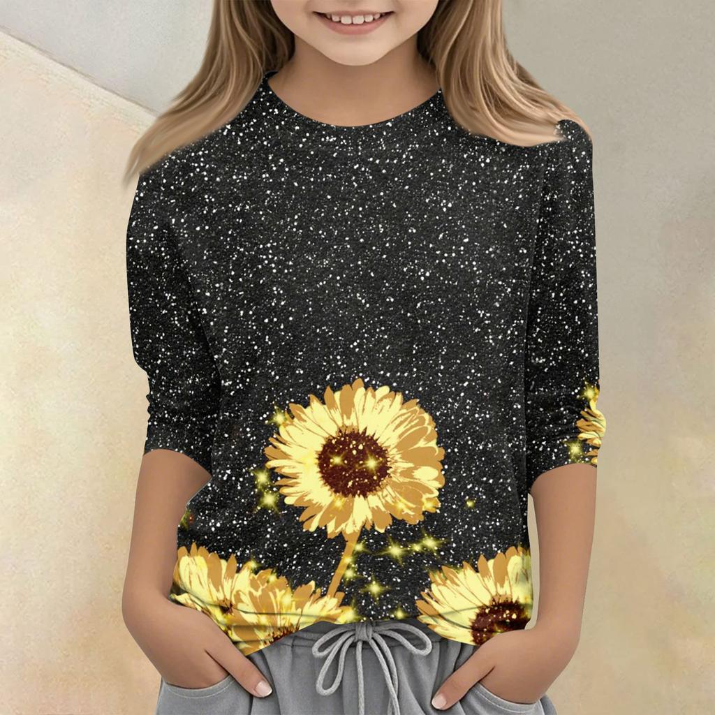 Kinder bedrucktes Rundhals Siebenviertelarm Freizeit T-Shirt