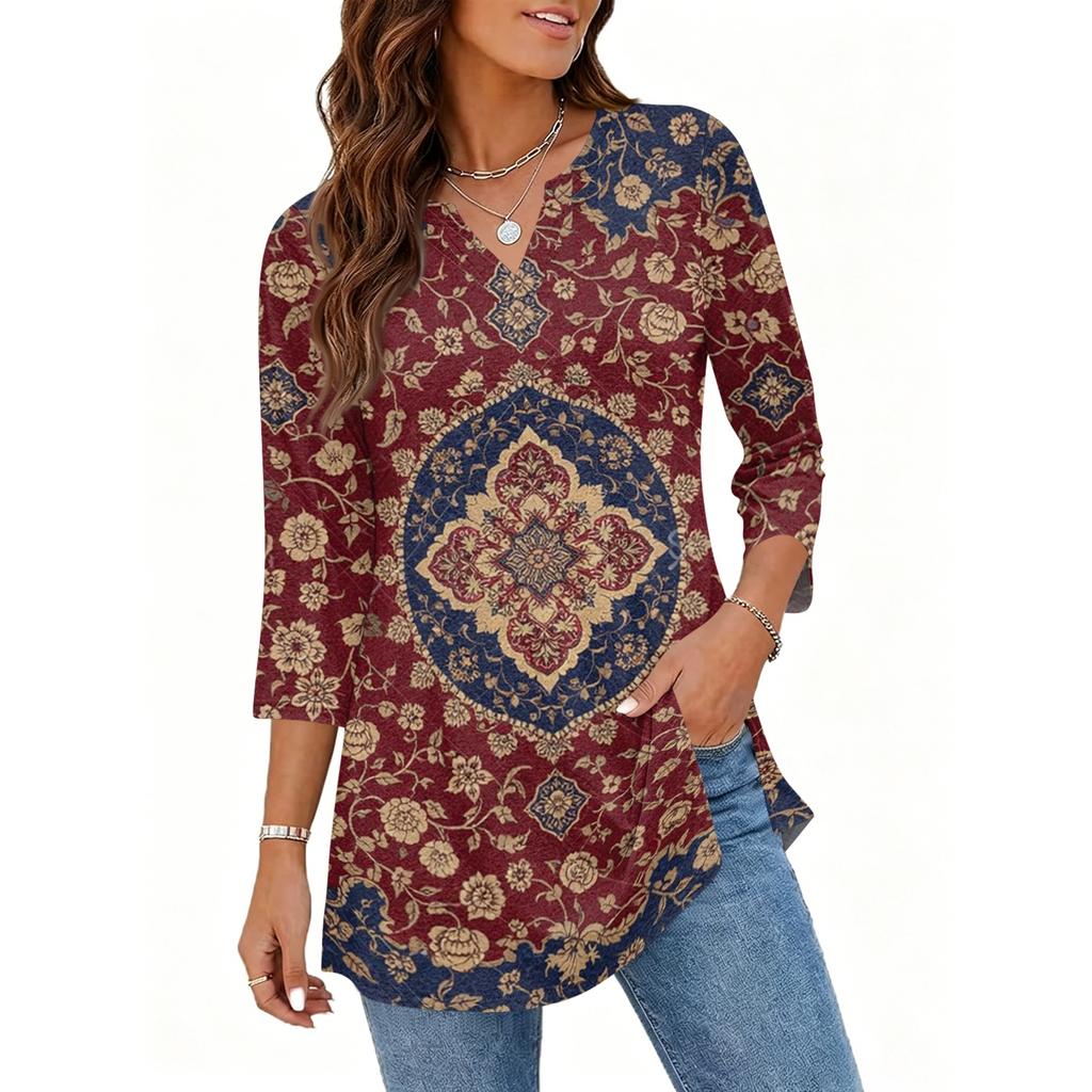 Damen Lässiger V-Ausschnitt 3/4 Ärmel Pullover Tunika Oberteil Blumenmuster Mittellange Bluse Leichte Bequeme Passform