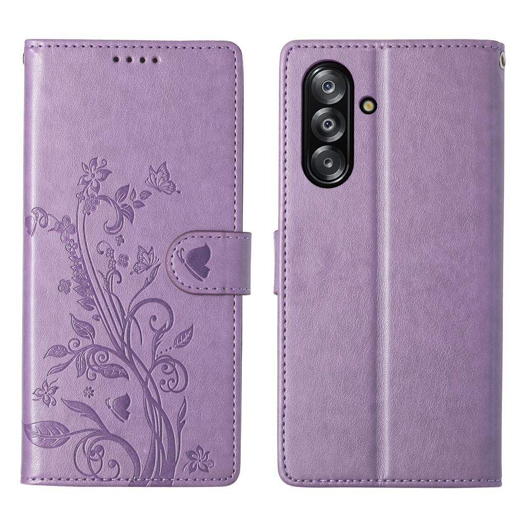 For Samsung Galaxy A26 5G Wallet Case Butterfly Floral Imprint PU Leather Phone Cover with Wrist Strap