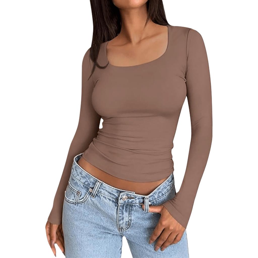 Women's Casual Color Square Neck Slim Fit Sexy Long Sleeve T-Shirt Top