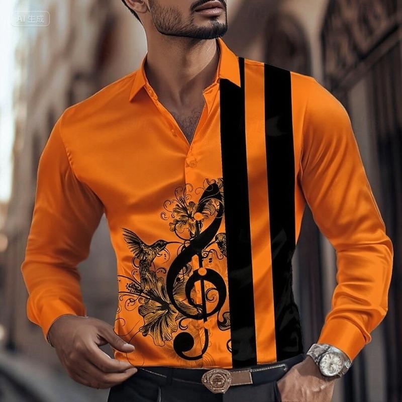 2025 Men's Striped Musical Note Dress Shirt Button Long Sleeve Fashion Casual Autumn Lapel Shirt 3D Printing Men Clothing
