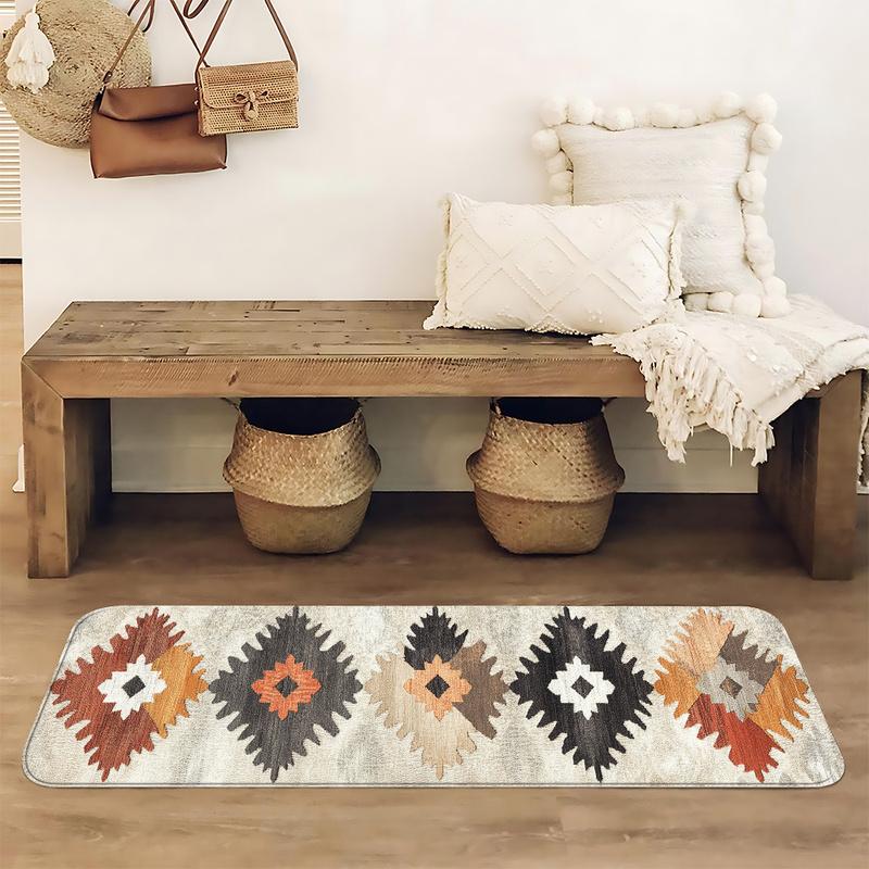 Boho Kitchen Rug Non-Slip Washable Diamond Pattern Soft Cushion Floor Carpet for Bedroom Entryway Home