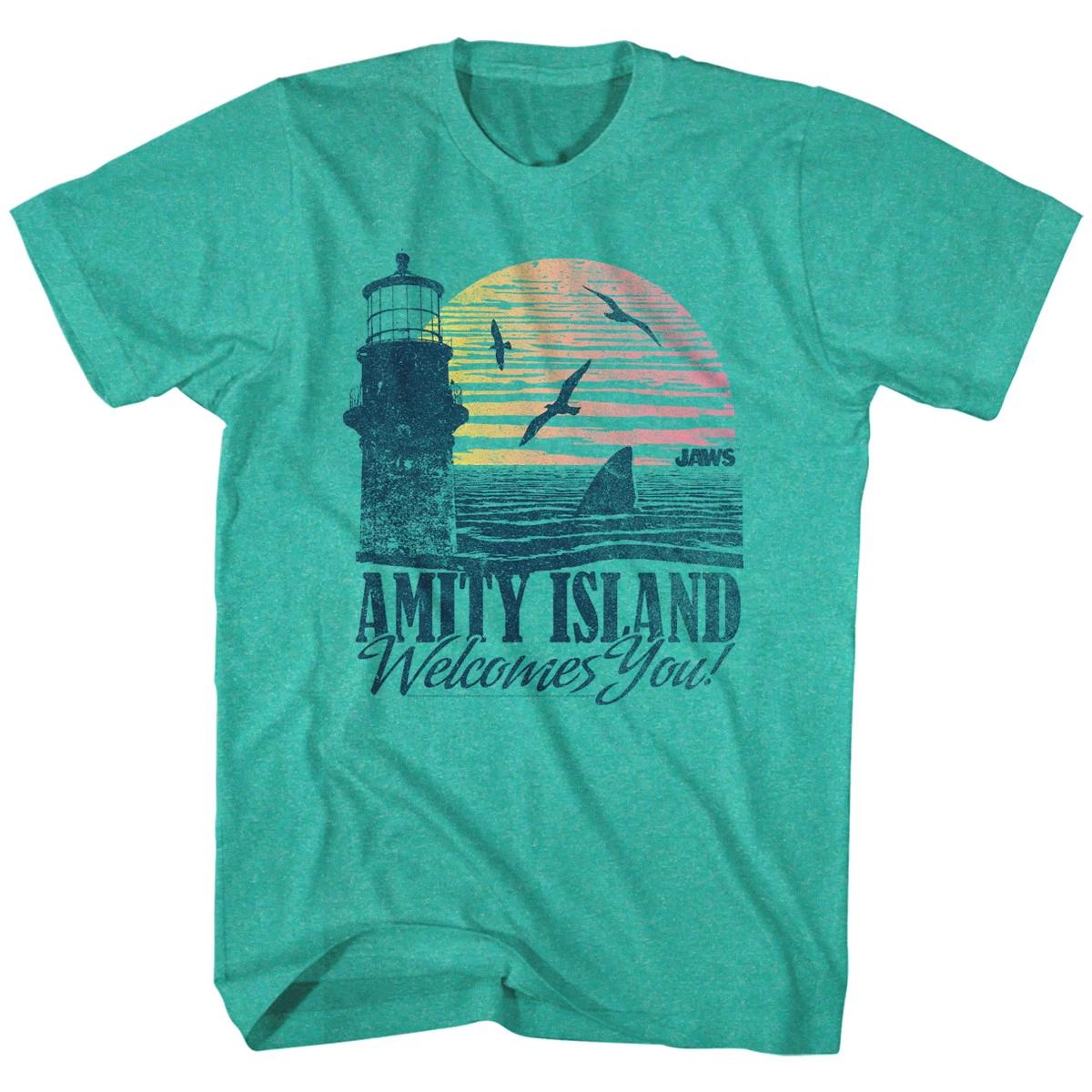 Jaws Vintage Amity Island Welcome Postcard Men s T Shirt Sunset Green Heather M