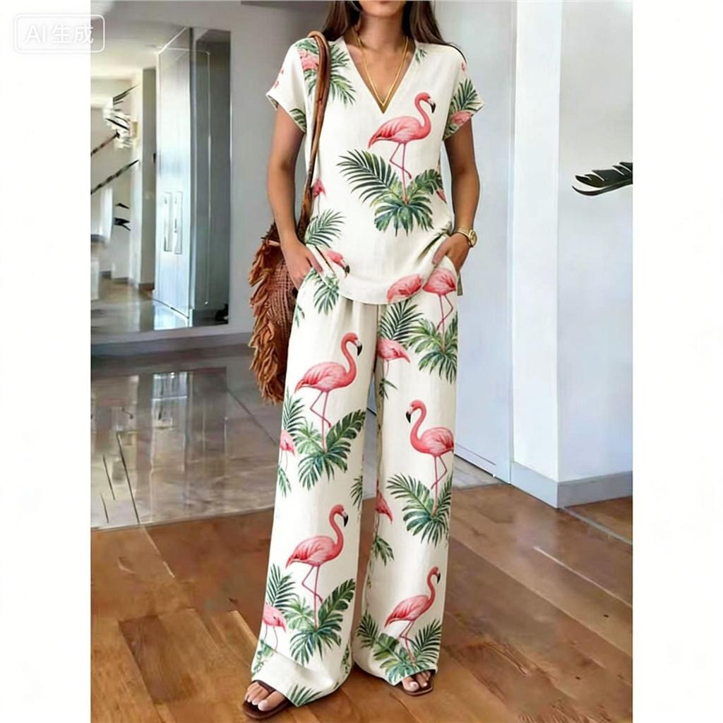 1116 new European and American casual style printing set full of pattern design high waist and wide leg pants two-piece set for women