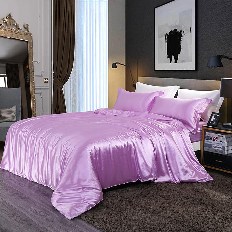 European Solid Color Mulberry Silk Bedding Sets Ice Silk Satin Cooling Bedclothes High Quality Skin-Friendly Smooth Duvet Kit