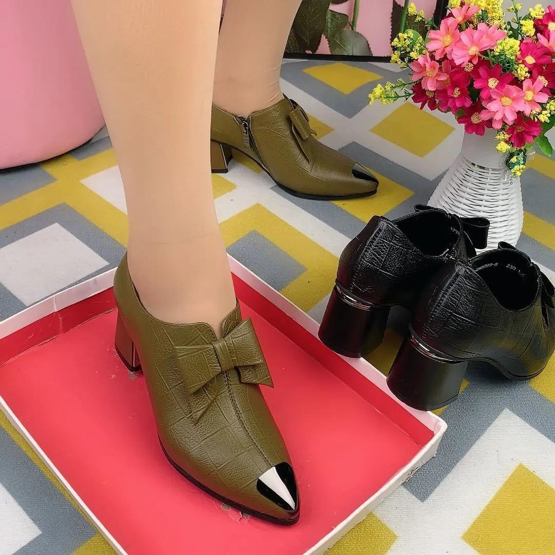 

Women s Spring Chunky Heel Open-Toe Pointed-Toe Flats with Side Zipper Soft Sole Casual Mom Shoes 35 зелений