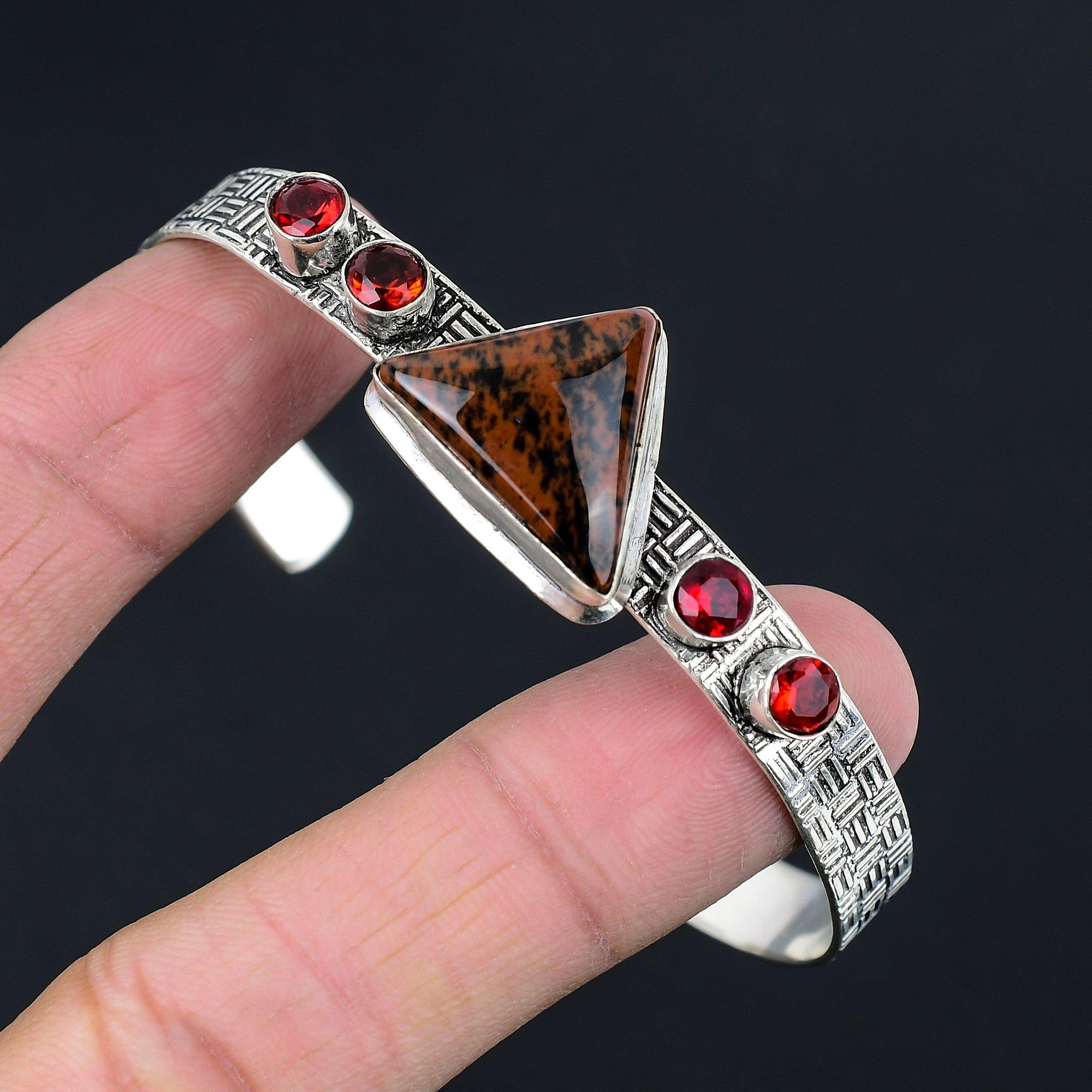 

Trillion Mahogany Obsidian Stone Garnet 925 Silver Birthday Wife Bangle Jewelry Adjustable