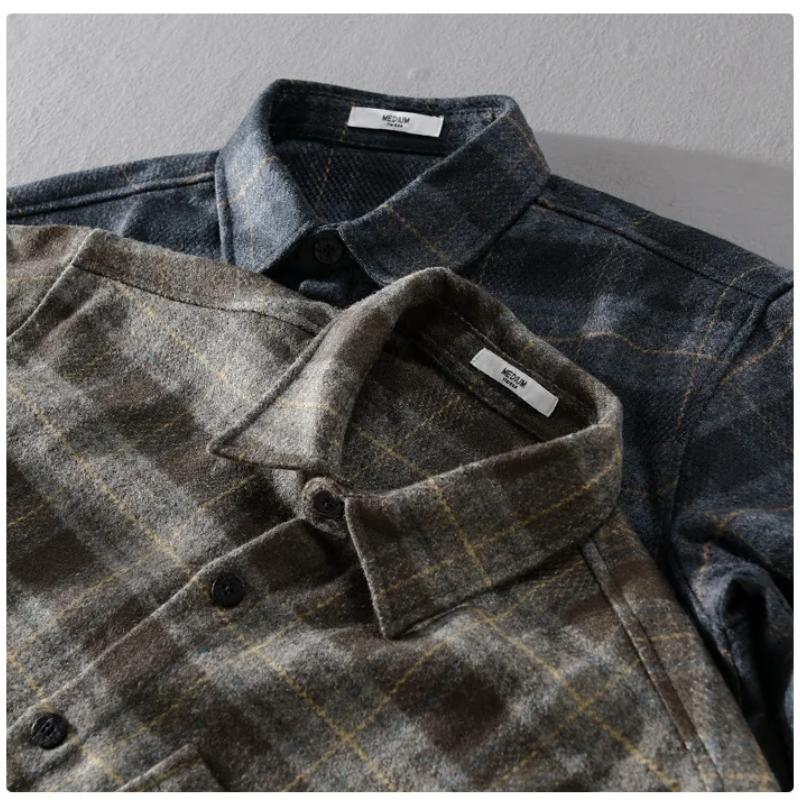 Frühling Herbst Shirts für Männer Täglich Casual Lose Hemd Tasche Revers Gebürstet Kariertes Hemd Harajuku Mode Langarm Männer Tops