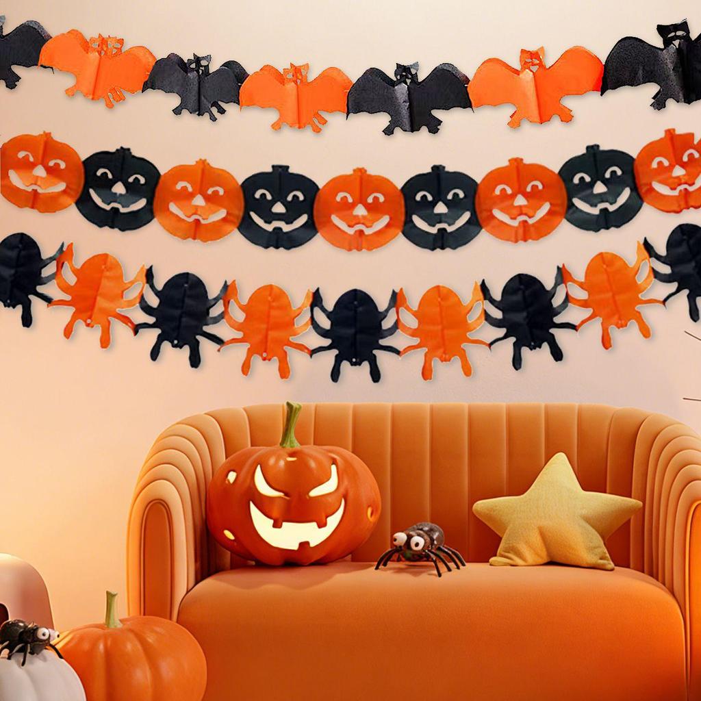 Halloween Spider & Bat Pumpkin Bunting - Festive Paper Decorations