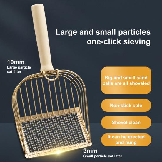 Metal Cat Litter Scoop Slotted Long Wooden Handle Non-stick Litter Box Poop Sifting Large Size Kitty Scooper Deep Shovel Sifter Pet Supplies