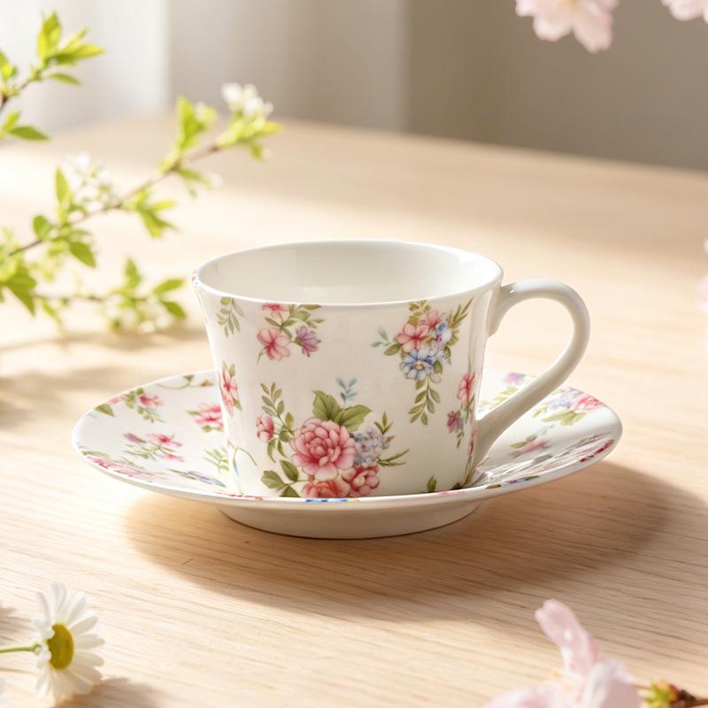 300ML French Ceramic Small Floral Coffee Mug Saucer Exquisite Afternoon Tea Flower Tea Cup Vintage Latte Cup Home Breakfast Mug