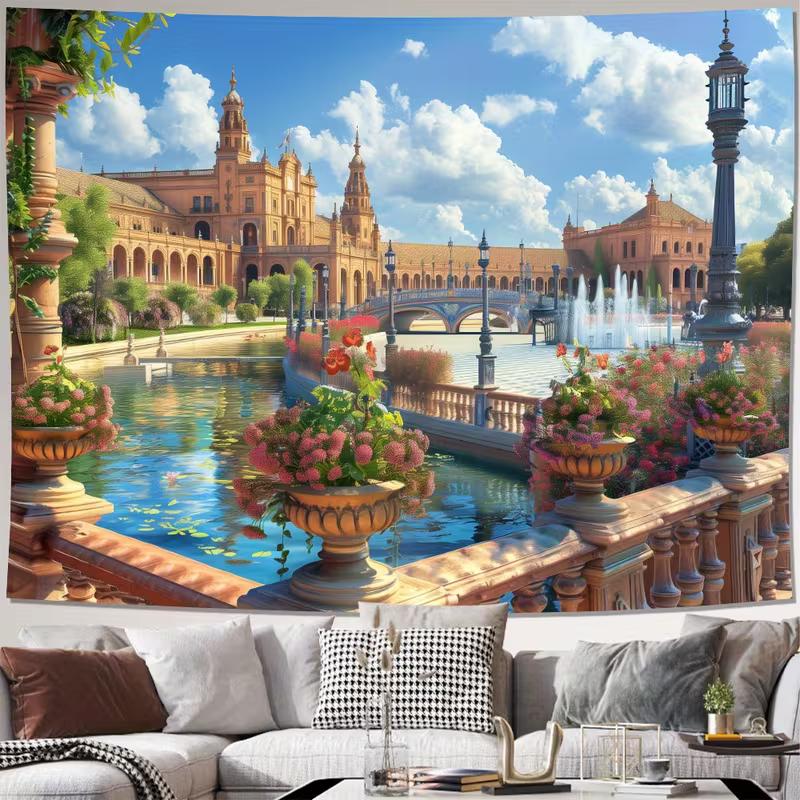 

2D Seville Plaza Canal & Flowers Wall Tapestry European Palace Background Cloth for Aesthetic Home Decoratio 47.2x31.5inch/120*80cm