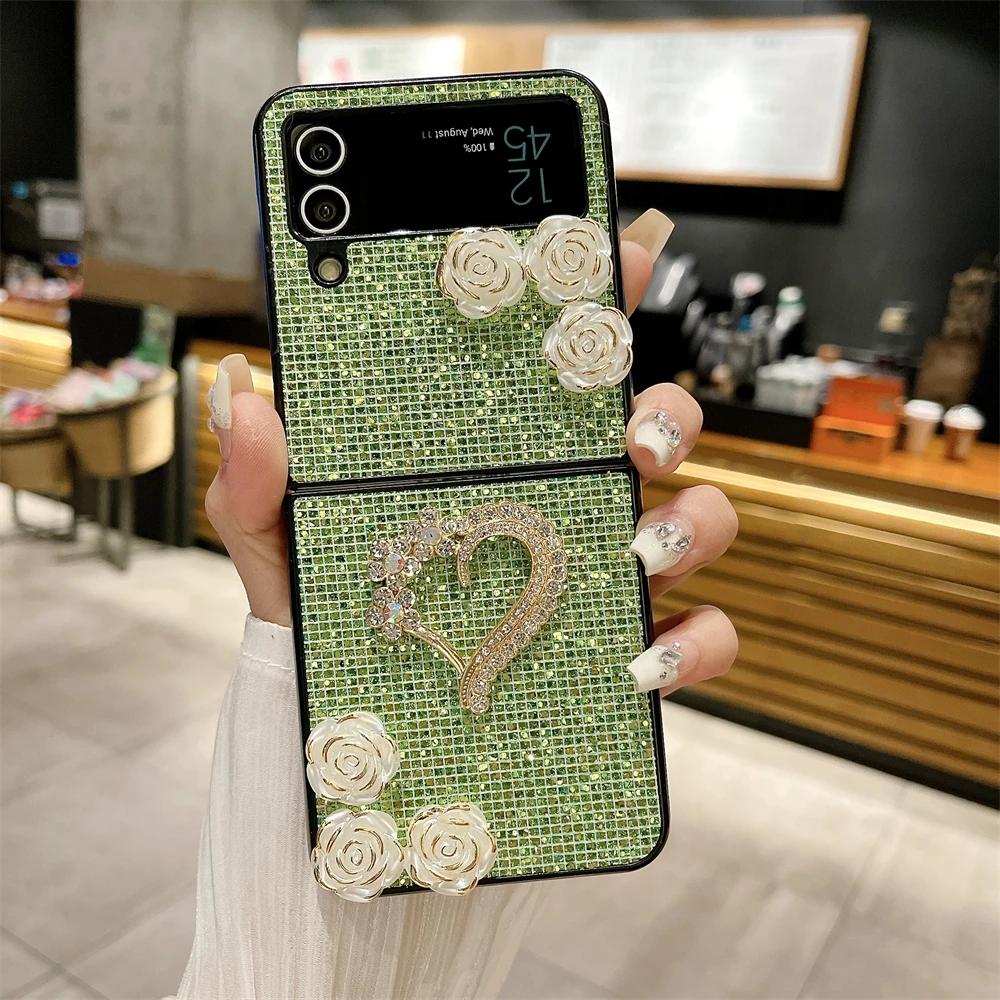 Luksusowe Błyszczące Diamentowe Etui Kameliowe dla Samsunga Galaxy Z Flip 4 5 Cover Matowe Twarde Odporne na Wstrząsy Etui Bumperowe Dla Z Flip3 Flip5 5G