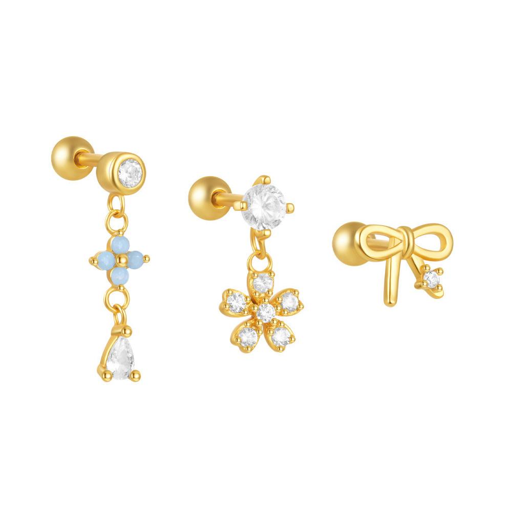 3PCS Stainless Steel Blue Opal Stone Flower Bowknot Petal Piercing Earrings Set For Women Statement Earring Party Jewelry aretes