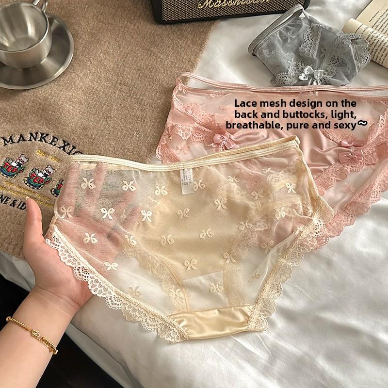 Ladies New Summer Sexy Lace Hollowed Out Bow Package Hip Mid Waist Triangle Briefs