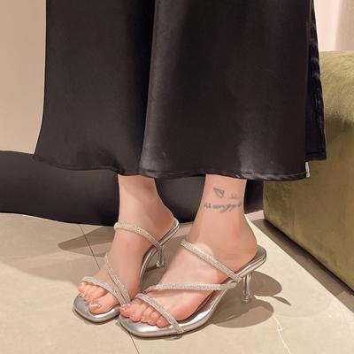2024 Neue Damen High Heels Kristall Strass Pantoletten Sommer Mode Sexy Party Damenschuhe Zehenfrei Pantoletten Zapatos Mujer