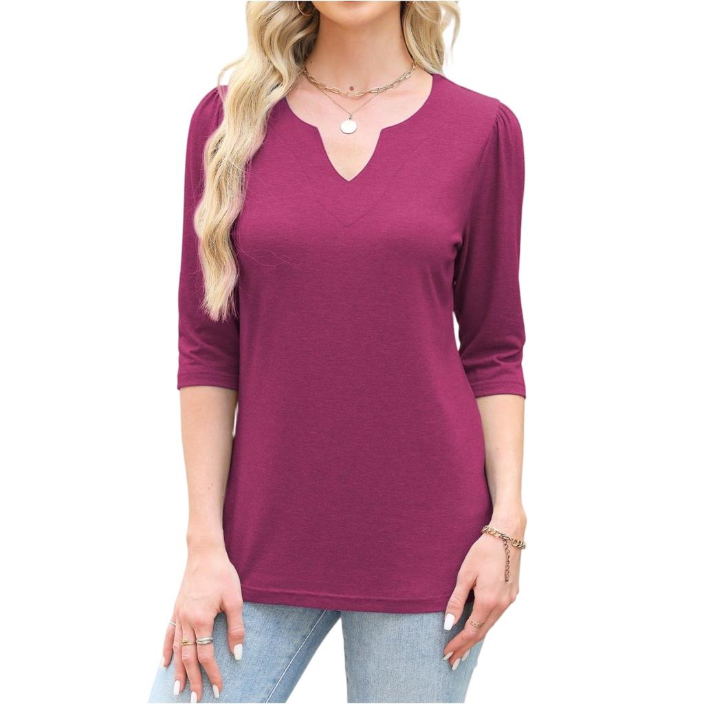 Women's Fashion 7-inch Sleeve Pullover Solid Color Top