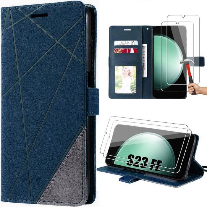 Coque pour samsung galaxy s23 fe - booling - antichoc en cuir pu rétro - bleu marine - 2 verres trempés