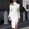 Europäisches und amerikanisches Frühjahr neues einfarbiges elegantes Mode-Freizeitkleid mit schulterfreiem Schlitz für Damen