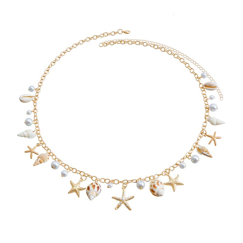 Fashion Natural Shell Conch Sea Star Imitation Pearl Tassel Pendant Waist Chain for Women Sexy Boho Summer Chain Belt Necklace
