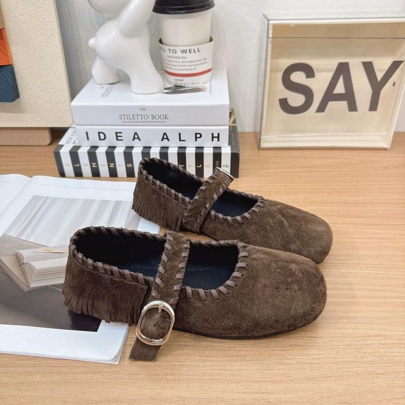

Autumn new matte women s casual retro Mary Jane single shoes flat-bottomed fringed beanie shoes 40 темно-коричневого кольору