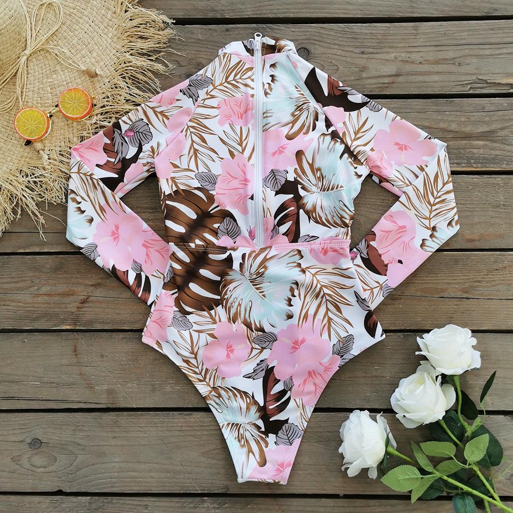 2025 Women's Long Sleeve Zipper One-Piece Swimsuit: European & American Print Surfing Wear