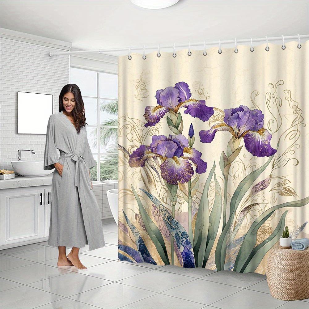 Floral Iris Shower Curtain, Vibrant Pink & Purple Design With Gold Accents, Fade-Resistant Polyester, All-Season Bath Decor