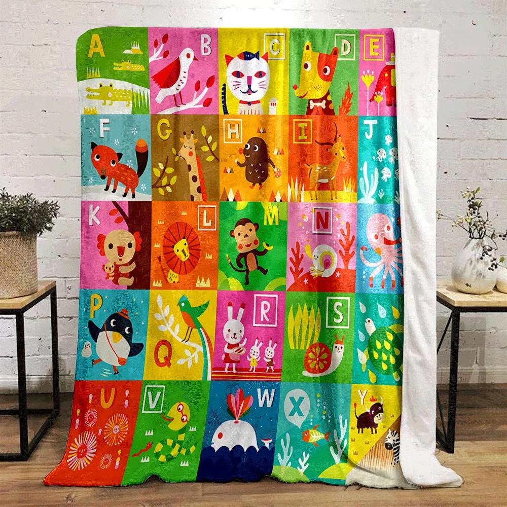 The Pattern Features Alphabet Letters Paired with Illustrated Animals. for All Seasons Blanket Lunch Break Throw Gift